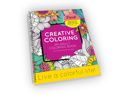 Spiral-bound adult coloring book with flowers and leaves.
