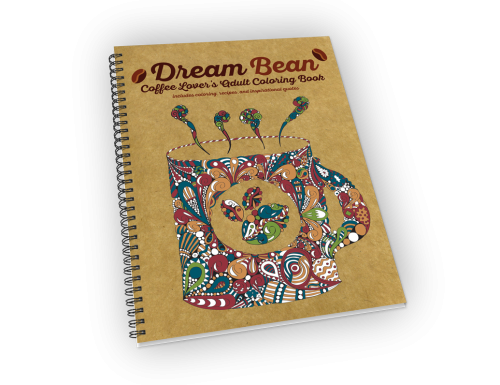 Spiral-bound coloring book with coffee theme.