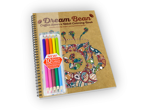 Spiral-bound coloring book with coffee theme and colored pencils.
